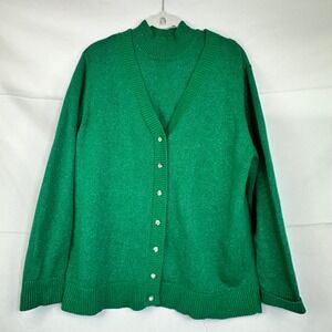 The‎ Quacker Factory Green Metallic Sparkle Button Cardigan Sweater Set (2pc) XL